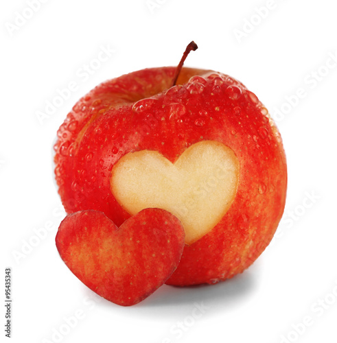 Red apple with heart isolated on white