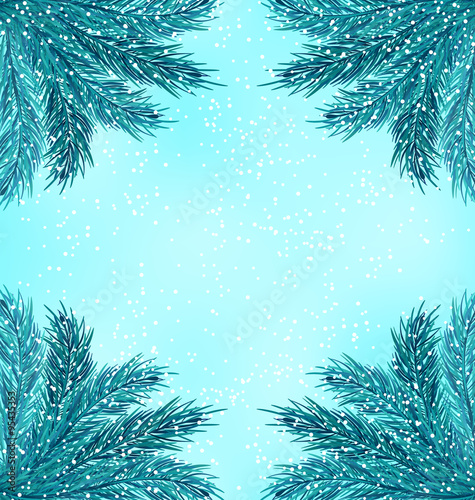 Winter Nature Background with Fir Branches and Snow Fall