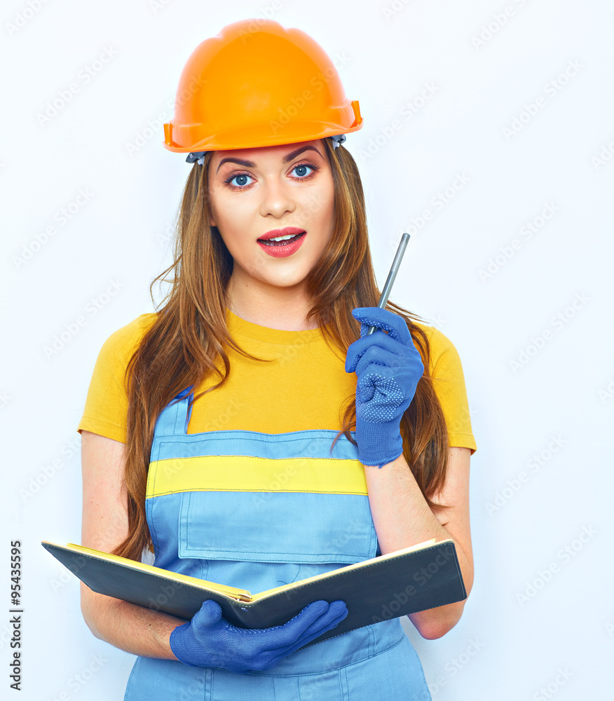Engineer woman think. Builder worker holding business paper Engineer woman think. Builder worker holding business paper