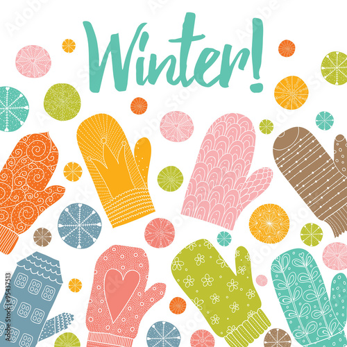 Winter postcard with mittens and snowflakes. Vector.