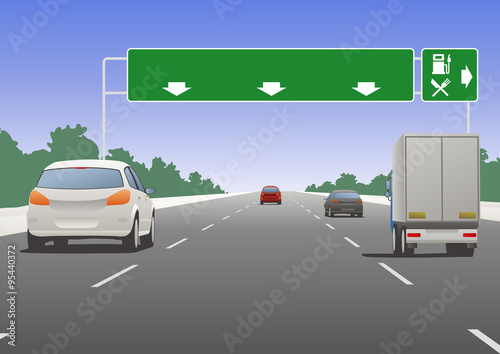 Highway sign and vehicles, vector illustration