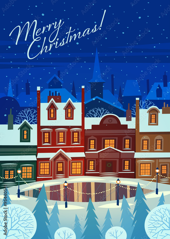 Small snowy town at holiday eve. Christmas greeting card background poster. Vector illustration.
