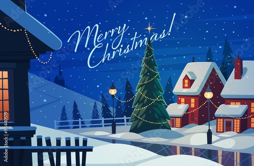 Village at night. Christmas greeting card. Vector illustration.