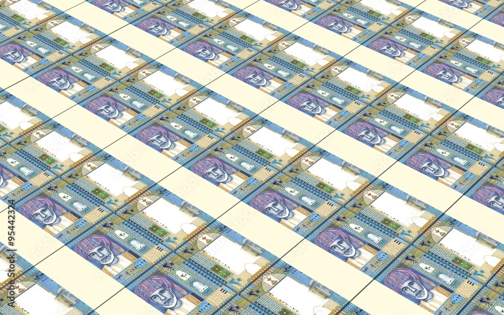 Omani rials bills stacked background. Computer generated 3D photo rendering.
