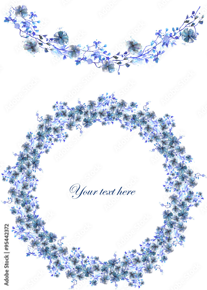 Circle frame, wreath and garland of blue flowers and branches with the blue leaves painted in watercolor on a white background, greeting card, decoration postcard or invitation Circle frame, wreath and garland of blue flowers and branches with the blue leaves painted in watercolor on a white background, greeting card, decoration postcard or invitation