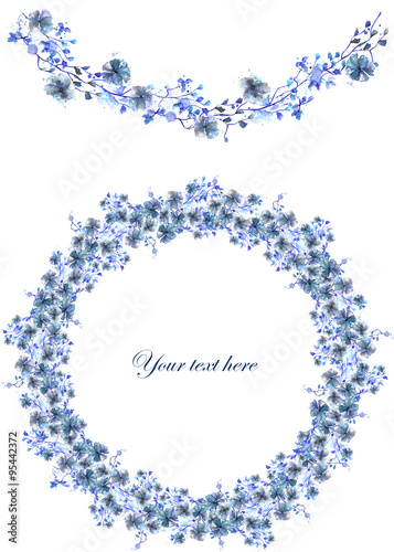 Circle frame, wreath and garland of blue flowers and branches with the blue leaves painted in watercolor on a white background, greeting card, decoration postcard or invitation
