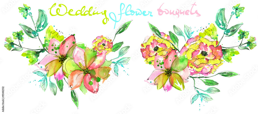 Set of bouquets with pink, yellow and green flowers and green leaves painted in watercolor on a white background for greeting card or invitation