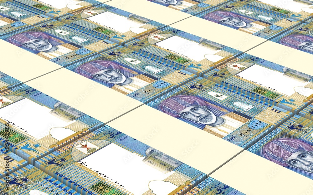 Omani rials bills stacked background. Computer generated 3D photo rendering.