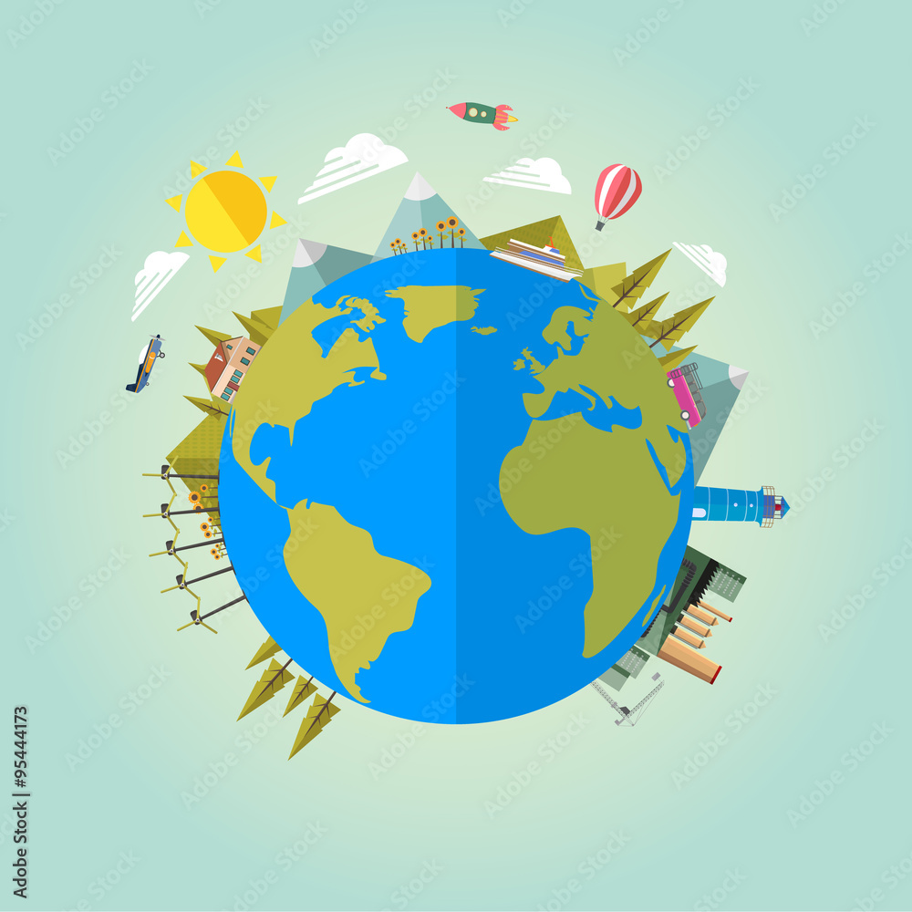 Naklejka premium Earth globe, eco background. Vector flat illustration