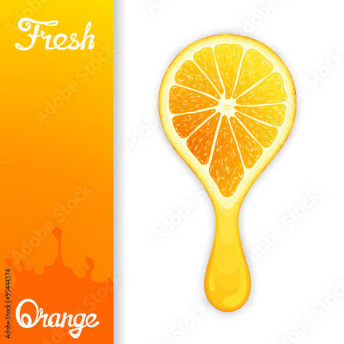 Stylized half orange from which squeezed fresh juice. Juicy design elements