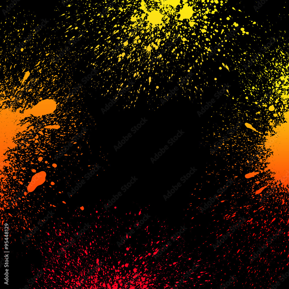 Colorful yellow, orange and red grungy gradient paint splashes on black background