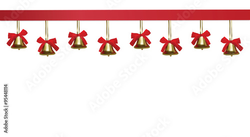
Golden christmas bells hanging under a red satin tape, frame, isolated on white background, vector eps10 illustration