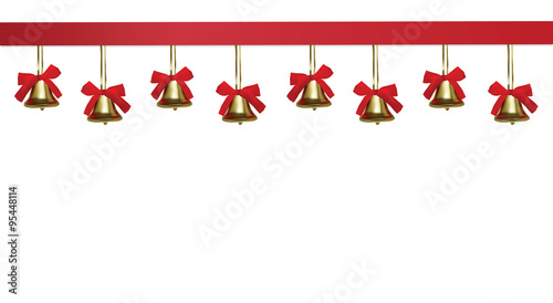 
Golden christmas bells hanging under a red satin tape, frame, isolated on white background, vector eps10 illustration photo