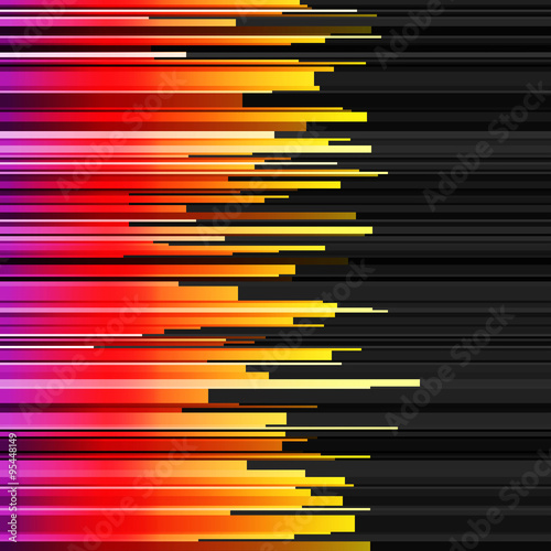 Abstract horizontal infographics purple, red, orange and yellow gradient cut stripes on black background