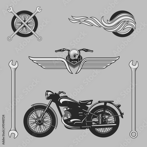 Vintage motorcycle logos, emblems, templates, labels, symbols  and motorbike design elements. Stock vector.