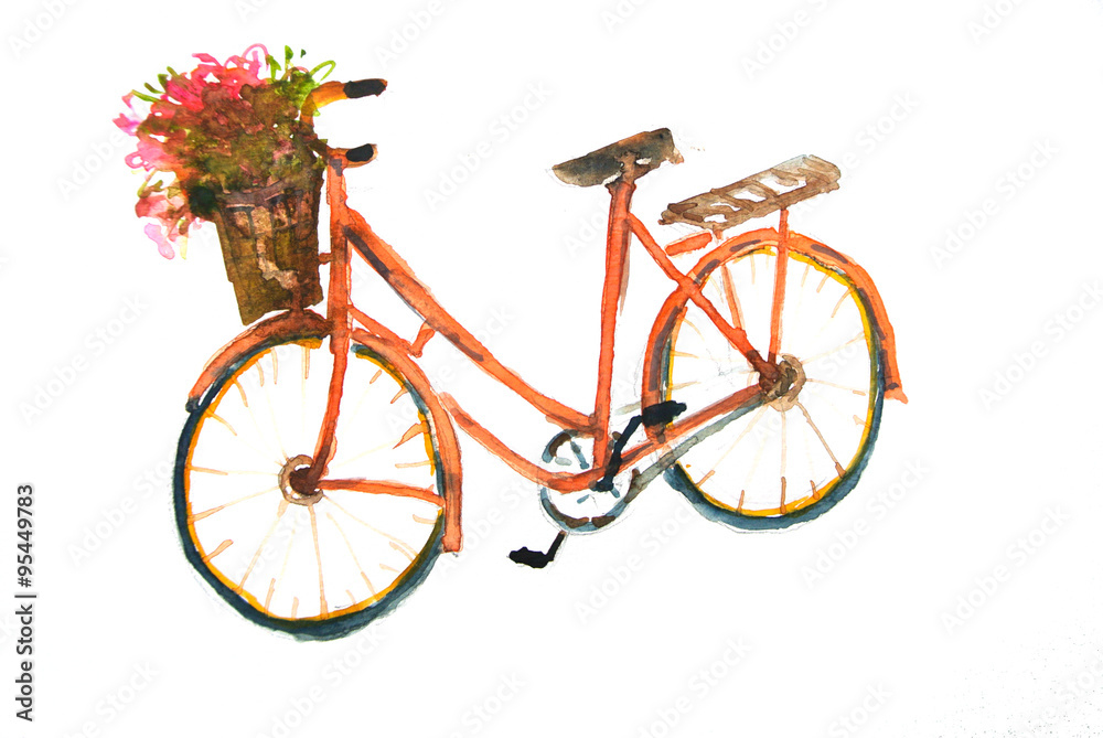Red vintage bicycle and flowers in basket, watercolor painting