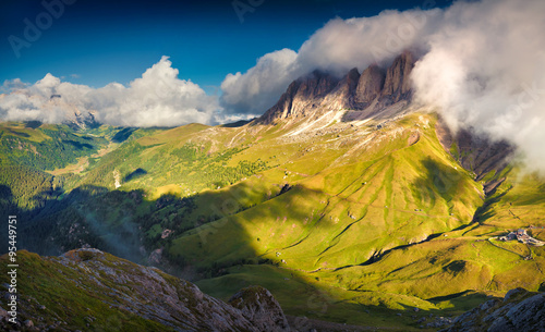 Dramatic summer morning on the Sassolungo (Langkofel) group.