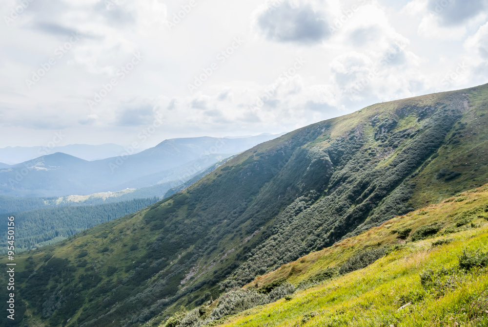 View from Hoverla. Beautiful valley in Carpathian mountains in U View from Hoverla. Beautiful valley in Carpathian mountains in U