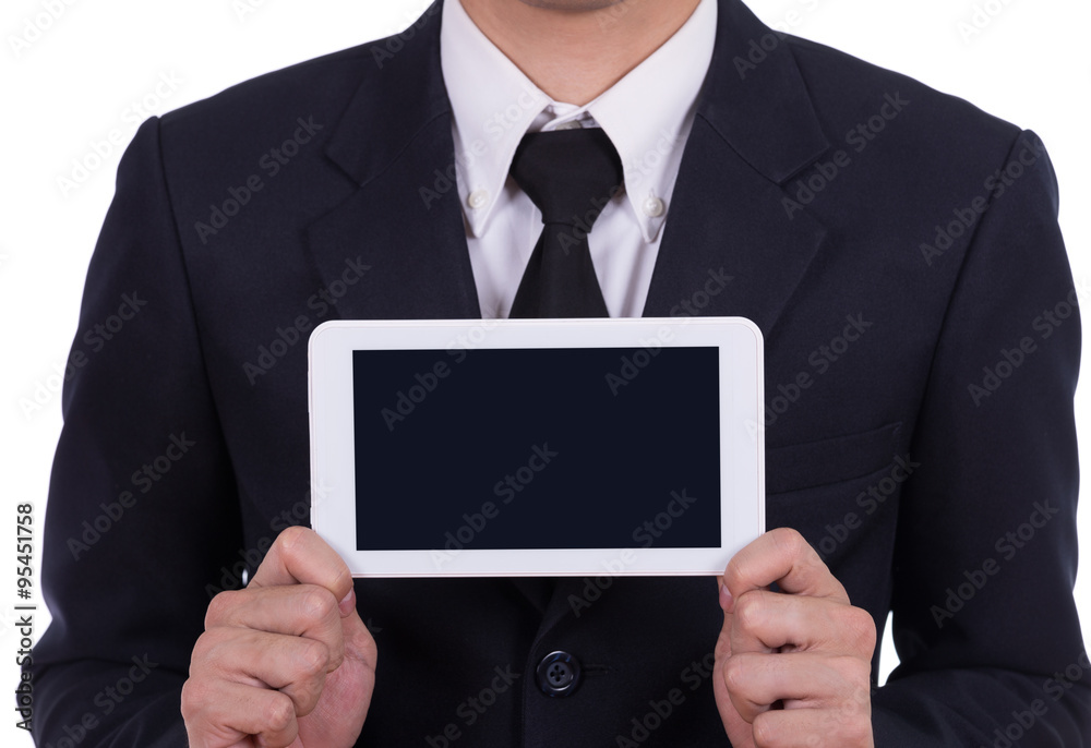 Businessman holding a small tablet touch computer Businessman holding a small tablet touch computer