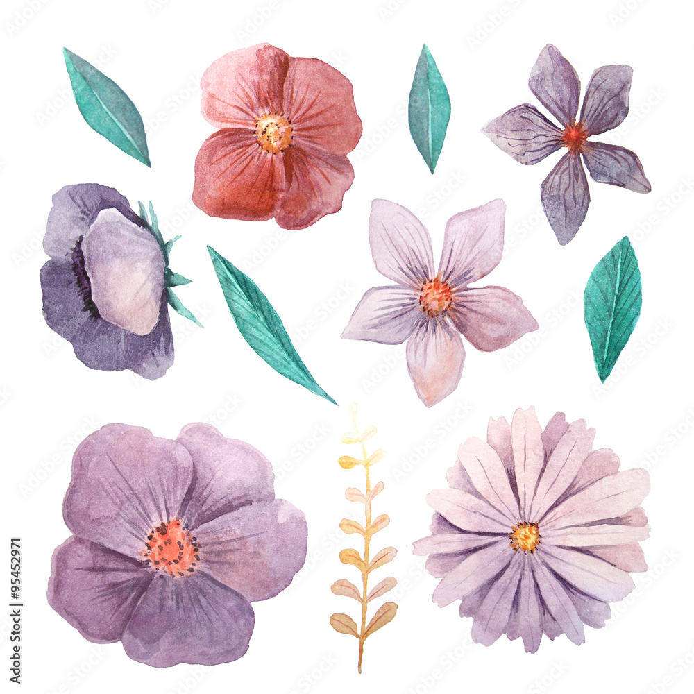 Fototapeta premium Watercolor flowers and leaves