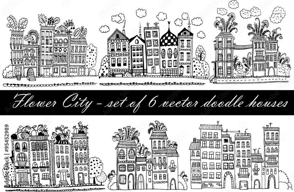 Flower City - a set of 6 vector illustrations with funny fantasy houses in the style of doodle cartoon