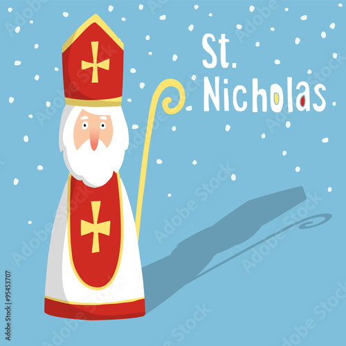 Cute greeting card with Saint Nicholas with mitre and pastoral staff, flat design, vector illustration