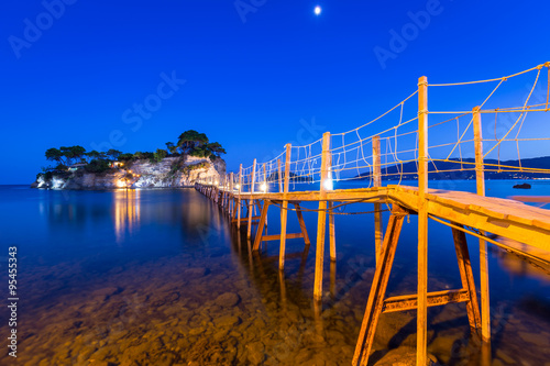 Hanging bridge to the island at night, Zakhynthos in Greece