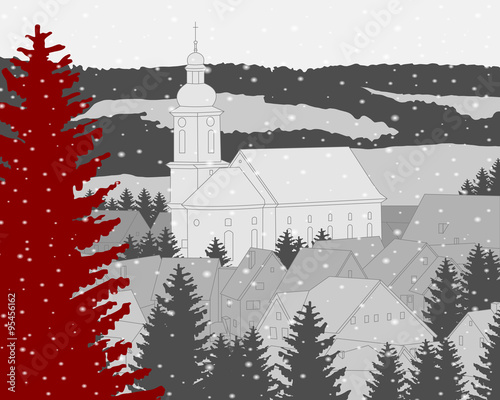 Dorf im Winter mit roter Tanne - Vektor
