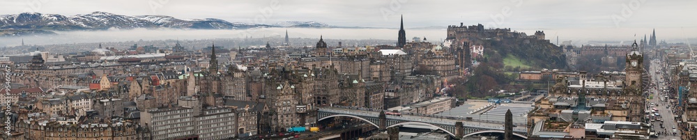 Beautiful large panorama of Edinburgh, Scotland, in winter