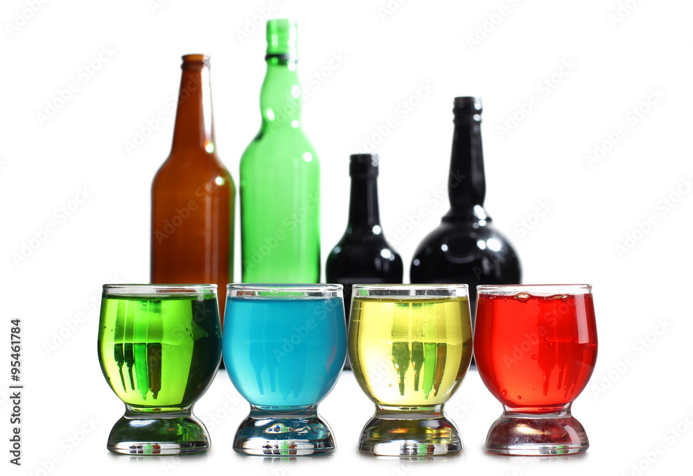 Glass jars with colorful cocktails on a white background - obrazy, fototapety, plakaty 
