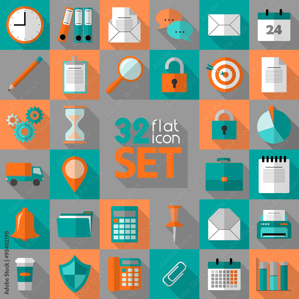 Flat icon set with long shadow effect. Office collection. Flat icon set with long shadow effect. Office collection.