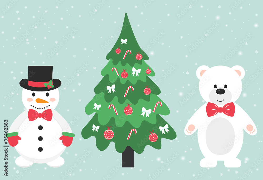 winter bear and snowman and fir-tree
