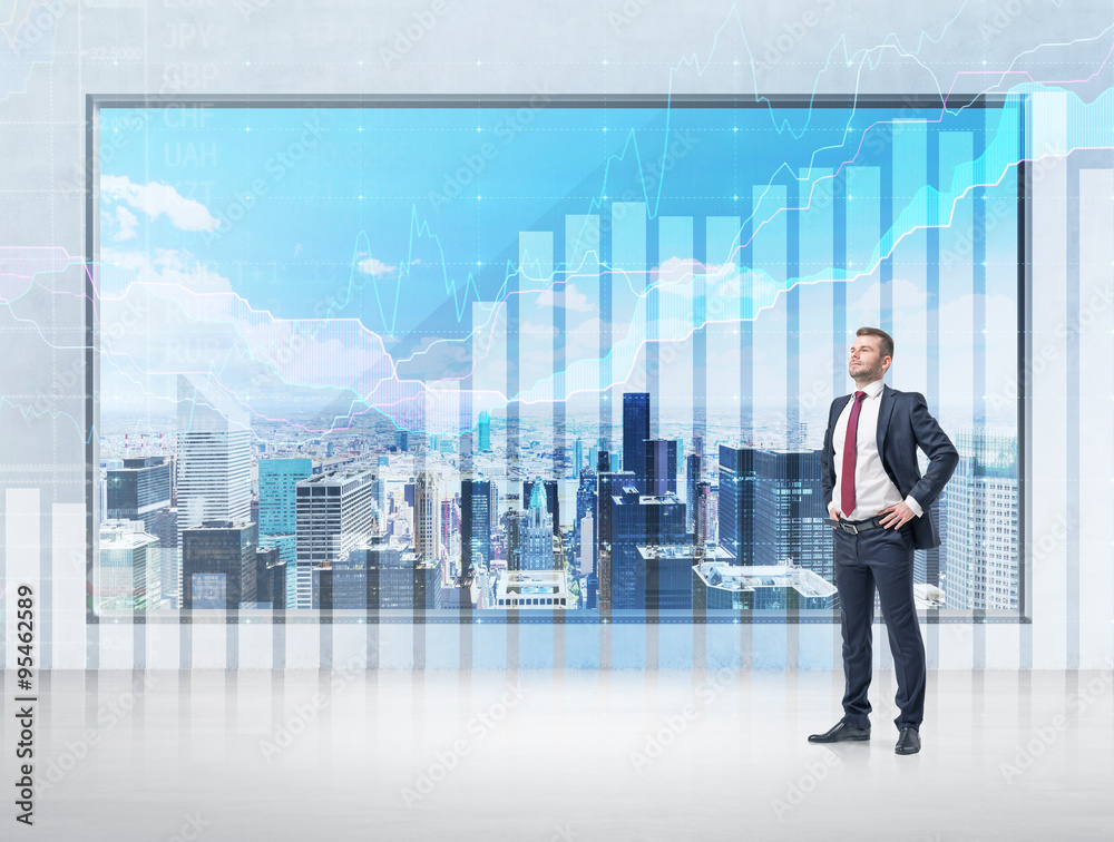 A confident businessman with his hands on the waist and a panoramic poster with New York panoramic view and forex charts. A confident businessman with his hands on the waist and a panoramic poster with New York panoramic view and forex charts.
