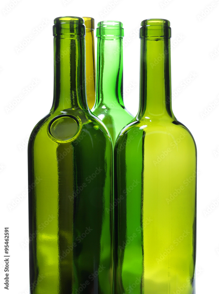 Green bottle of water and alcohol on white background Green bottle of water and alcohol on white background