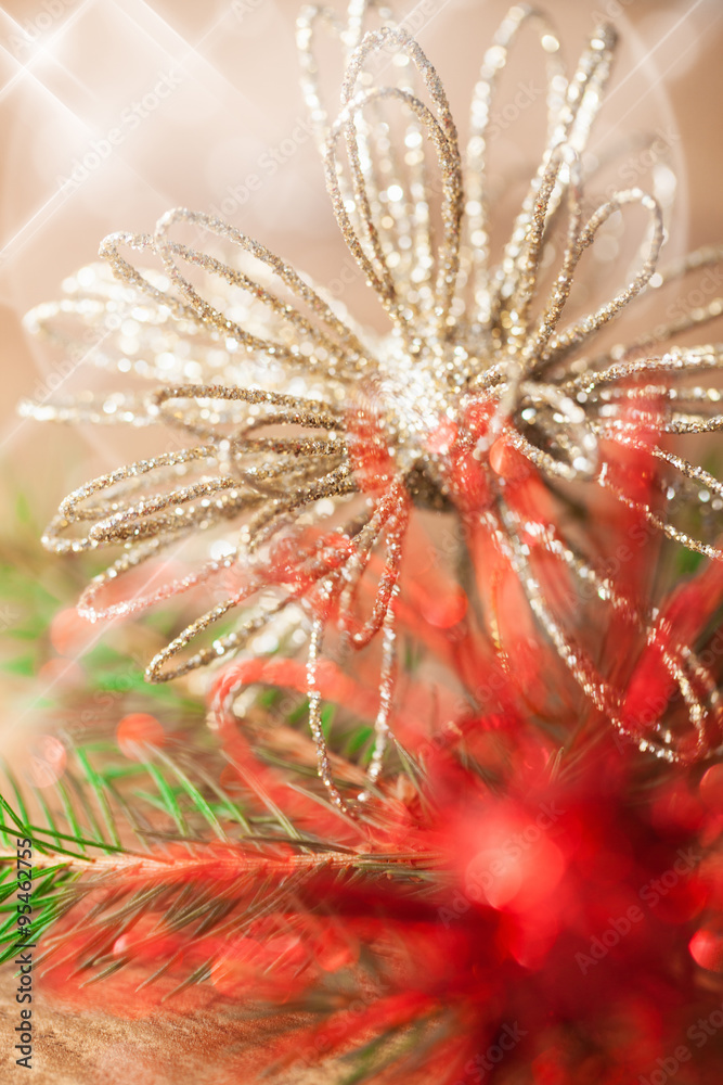 Close up of beautiful christmas decoration, golden and red baubles on bokeh background Close up of beautiful christmas decoration, golden and red baubles on bokeh background