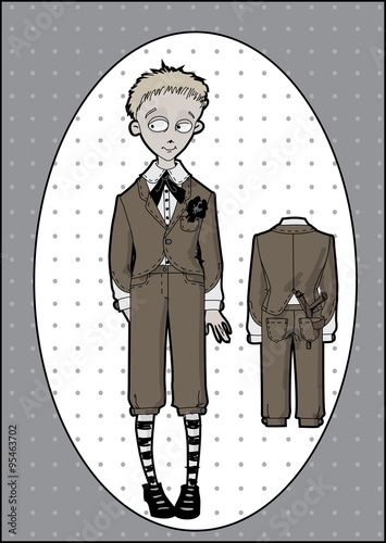 Shy boy in school uniform vintage slingshot hides behind his back and smiles enigmatically