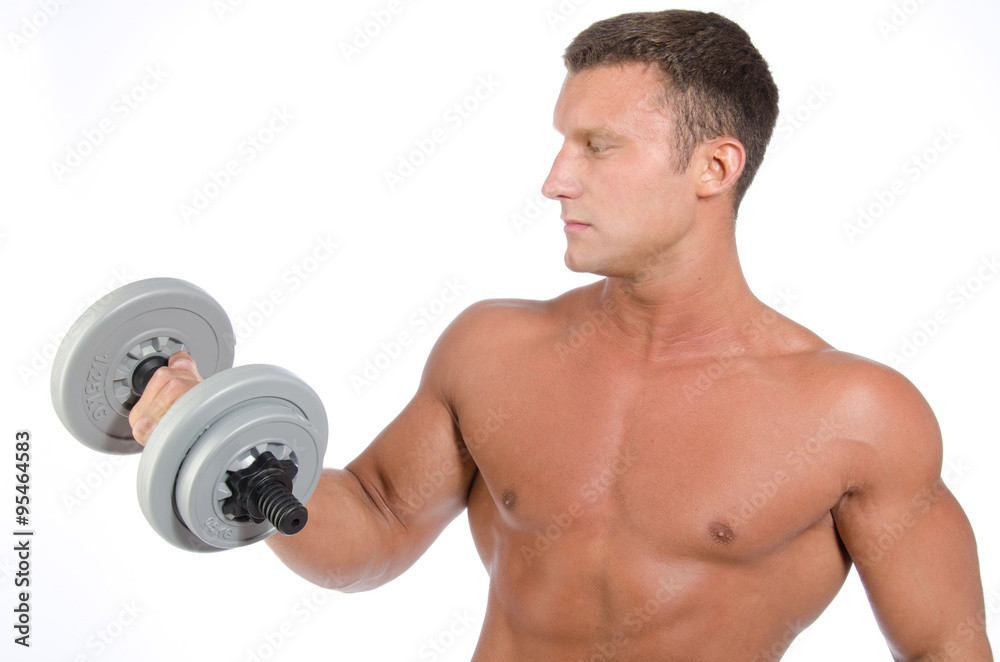 A man in a new fitness club. White background. 