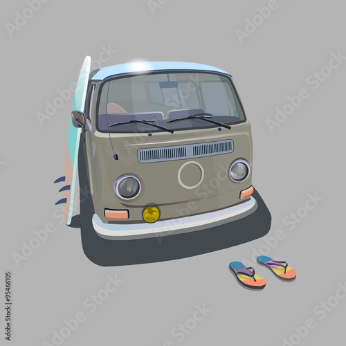Surfer van beach poster for t-shirt graphics. Transportation and surfing, kitesurf  sport board, vector illustration