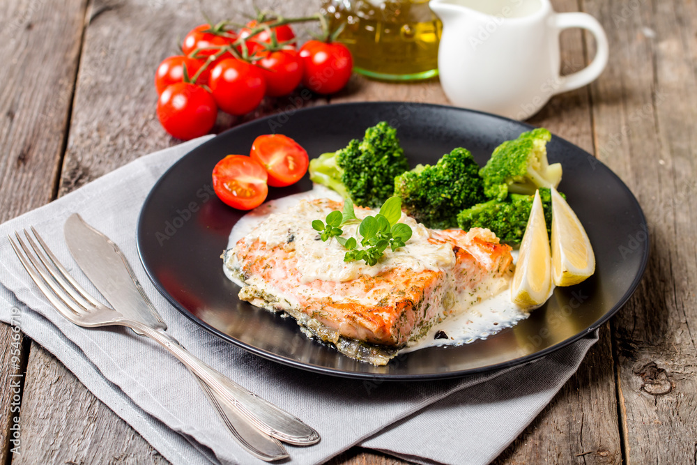 Grilled Salmon Steak with Cream sauce Grilled Salmon Steak with Cream sauce