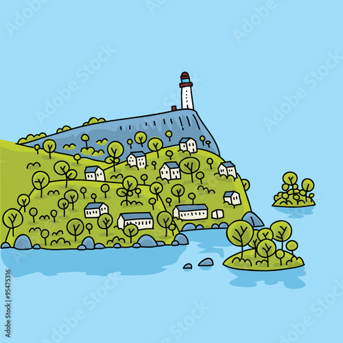 A fresh, green cartoon seaside village with tiny islands and a lighthouse keeping watch.