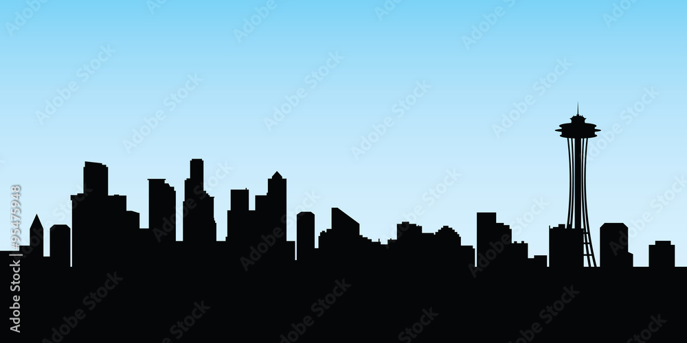 A silhouette of the downtown skyline of the city of Seattle, Washington, USA.