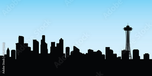 A silhouette of the downtown skyline of the city of Seattle, Washington, USA.