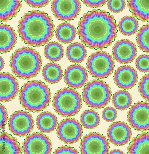 Seamless abstract vector background with pied cheerful circle patterns on beige area.
