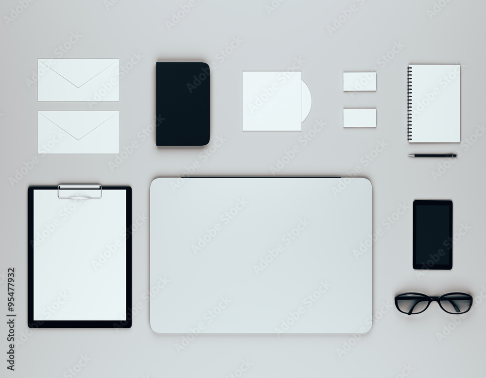 Laptop, blank tablet, diary, smartphone, glasses and envelopes, Laptop, blank tablet, diary, smartphone, glasses and envelopes,