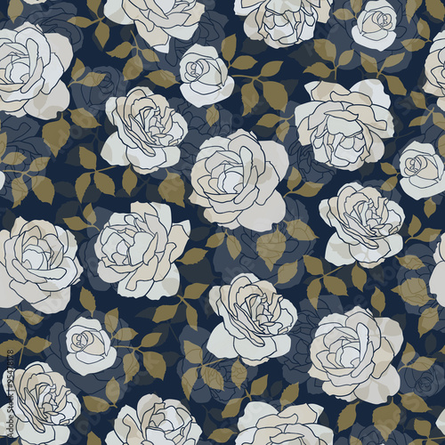 Seamless pattern made of hand drawn light roses on indigo background