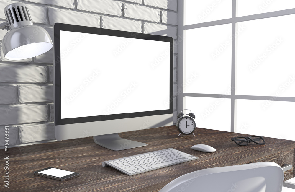 Fototapeta premium 3D illustration PC screen on table in office, Workspace