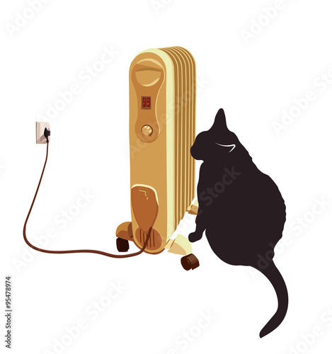 Black cat basking near the heater. Vector illustration. EPS 8.
