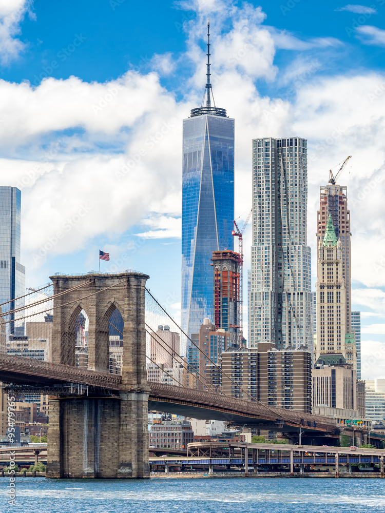 The Brooklyn Bridge and the downtown Manhattan skyline in New Yo