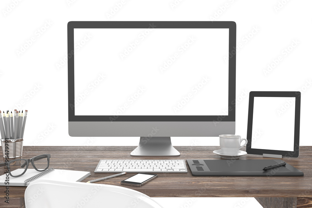 3D illustration PC screen on table in office, Workspace 3D illustration PC screen on table in office, Workspace