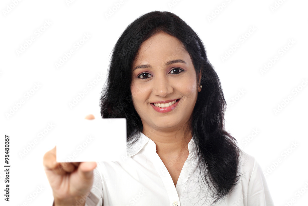 Business Woman holding a blank card against white Business Woman holding a blank card against white